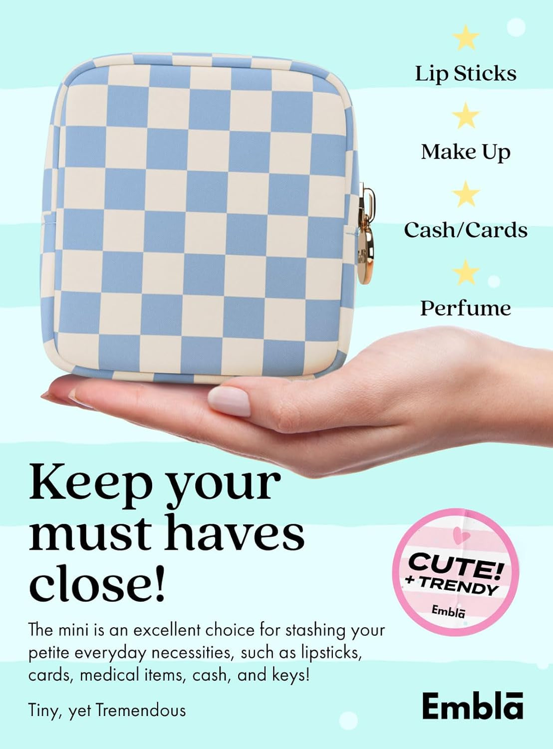Makeup Bag Travel Cosmetic Bag, Toiletry Bag, Cute Makeup Organizer, Nylon Zipper Pouch Purse Storage Bag Cosmetics Organizer, Womens Make up Bag Mini Makeup Bags (Sky Checkered)