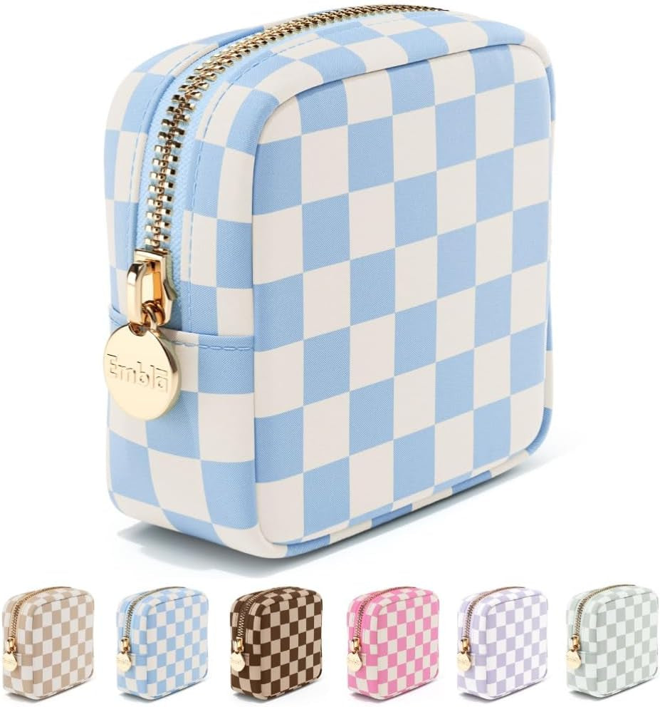 Makeup Bag Travel Cosmetic Bag, Toiletry Bag, Cute Makeup Organizer, Nylon Zipper Pouch Purse Storage Bag Cosmetics Organizer, Womens Make up Bag Mini Makeup Bags (Sky Checkered)