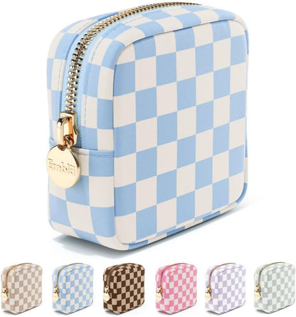 Makeup Bag Travel Cosmetic Bag, Toiletry Bag, Cute Makeup Organizer, Nylon Zipper Pouch Purse Storage Bag Cosmetics Organizer, Womens Make up Bag Mini Makeup Bags (Sky Checkered)