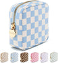 Makeup Bag Travel Cosmetic Bag, Toiletry Bag, Cute Makeup Organizer, Nylon Zipper Pouch Purse Storage Bag Cosmetics Organizer, Womens Make up Bag Mini Makeup Bags (Sky Checkered)