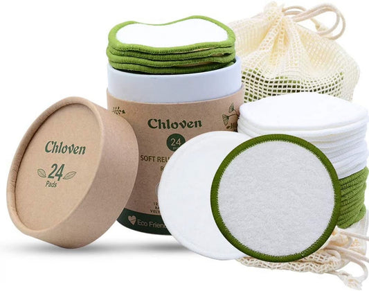 Reusable Makeup Remover Pads 24 Pack - Washable Eco-Friendly Bamboo Velour Pads for All Skin Types,Bamboo Reusable Cotton Rounds for Toner, with Cotton Laundry Bag and round Box for Storage