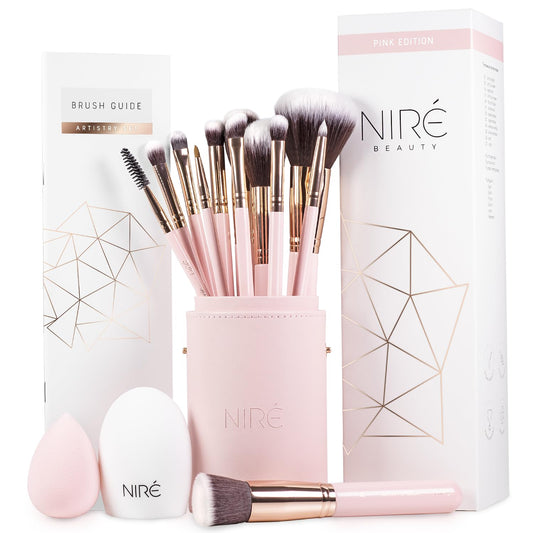 15-Piece Pink Makeup Brush Set with Case