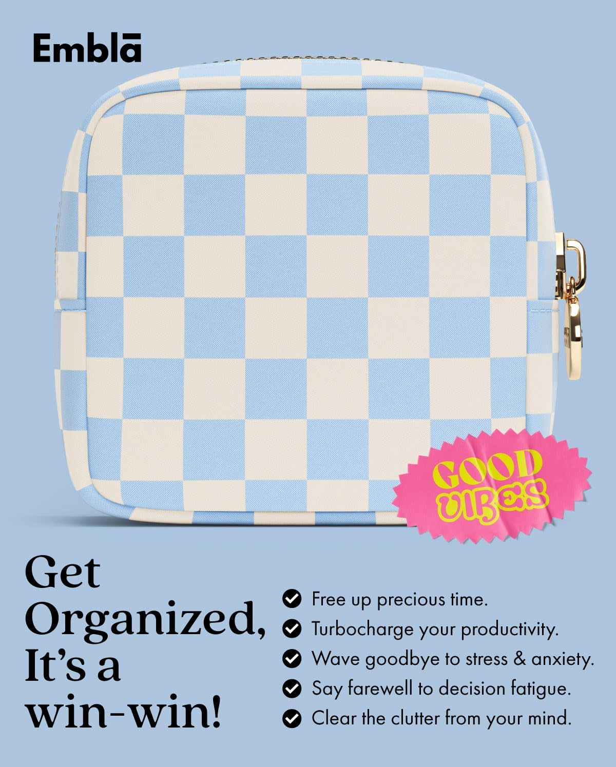 Makeup Bag Travel Cosmetic Bag, Toiletry Bag, Cute Makeup Organizer, Nylon Zipper Pouch Purse Storage Bag Cosmetics Organizer, Womens Make up Bag Mini Makeup Bags (Sky Checkered)