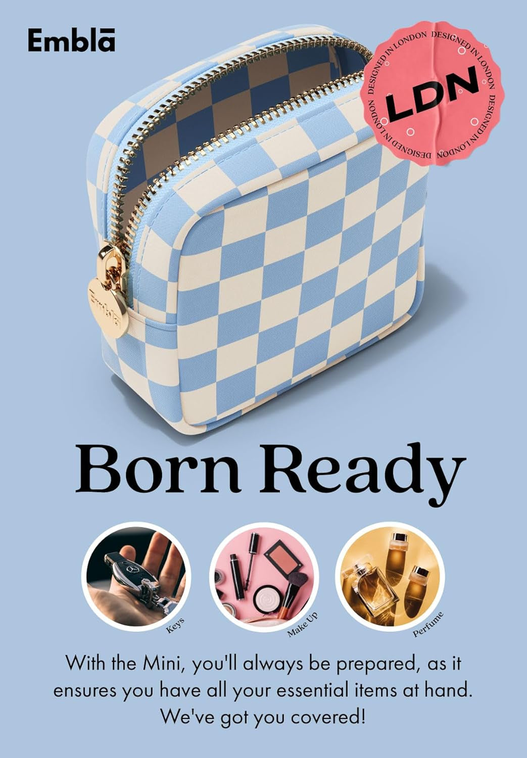 Makeup Bag Travel Cosmetic Bag, Toiletry Bag, Cute Makeup Organizer, Nylon Zipper Pouch Purse Storage Bag Cosmetics Organizer, Womens Make up Bag Mini Makeup Bags (Sky Checkered)