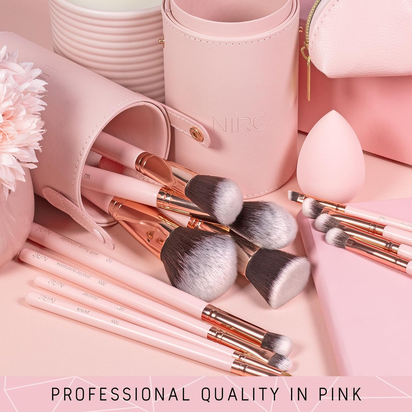 15-Piece Pink Makeup Brush Set with Case