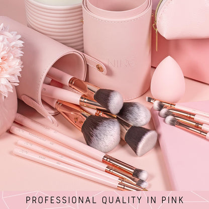 15-Piece Pink Makeup Brush Set with Case