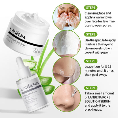 3 in 1 Blackhead Removing Set(30G+30Ml)Pore Strips+Pore Solution Serum+Removal Strip Paper, Black Head Remover Mask for Face, Pore Minimizer & Reducer for Face
